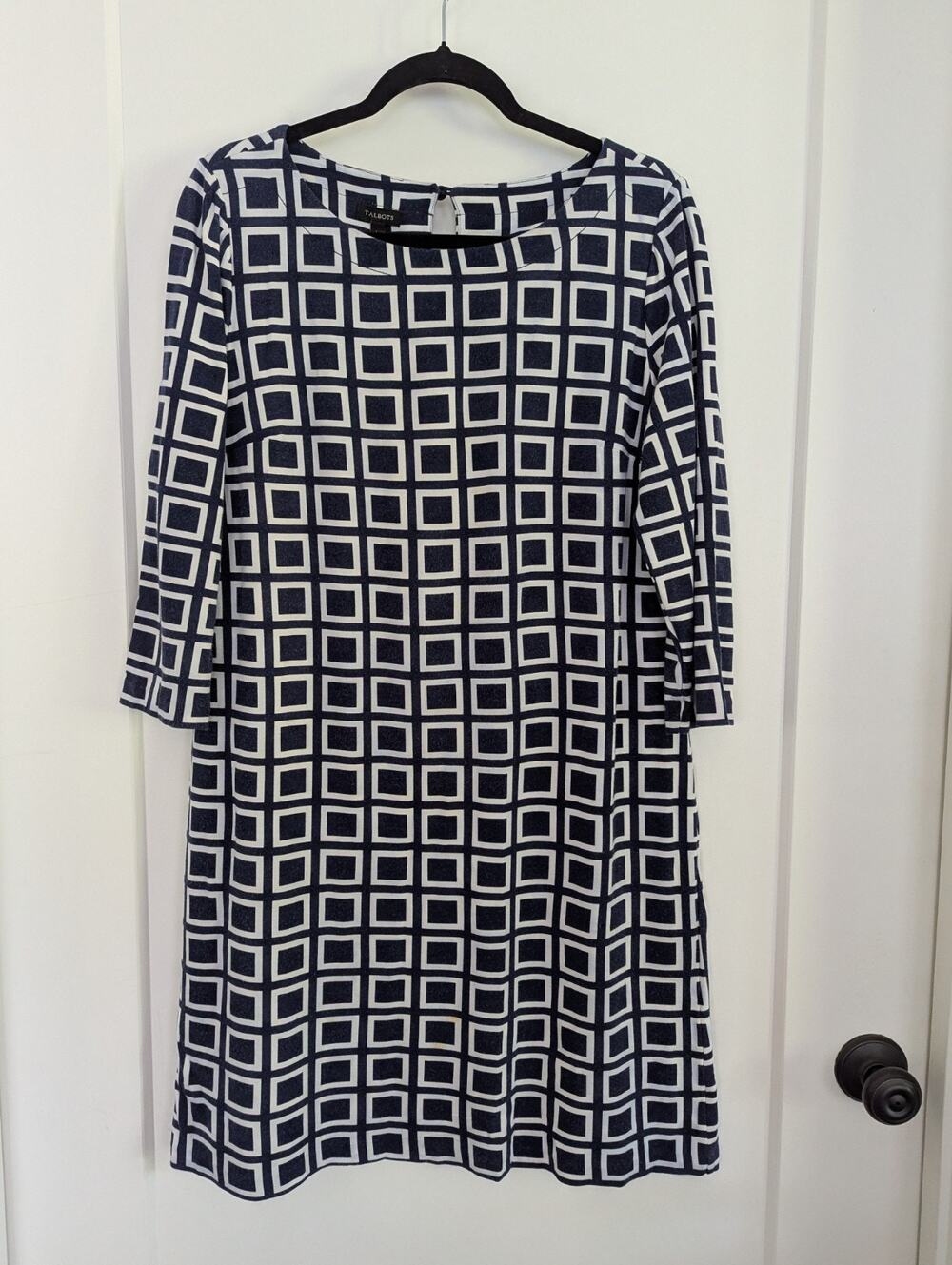 Talbots Large Shift Dress Navy Blue White Geometric Square Print 3/4 Sleeve